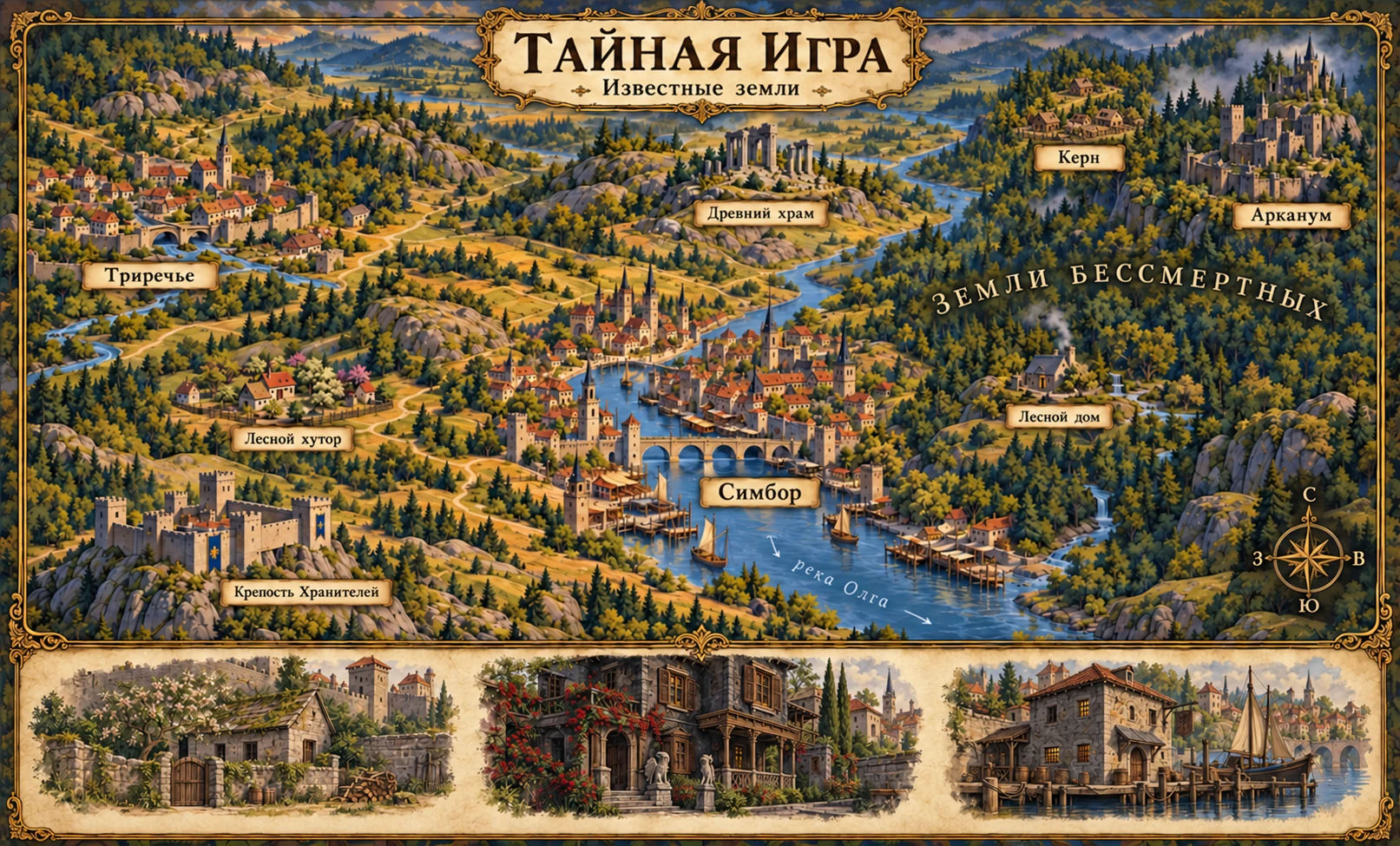 Карта известных земель: Триречье, Симбор на Олге, Древний храм, крепость Хранителей, Лесной хутор и Лесной дом. Внизу — дома Триречья и таверна Симбора. Арканум и небольшой город Керн скрыты за туманом неизвестности.